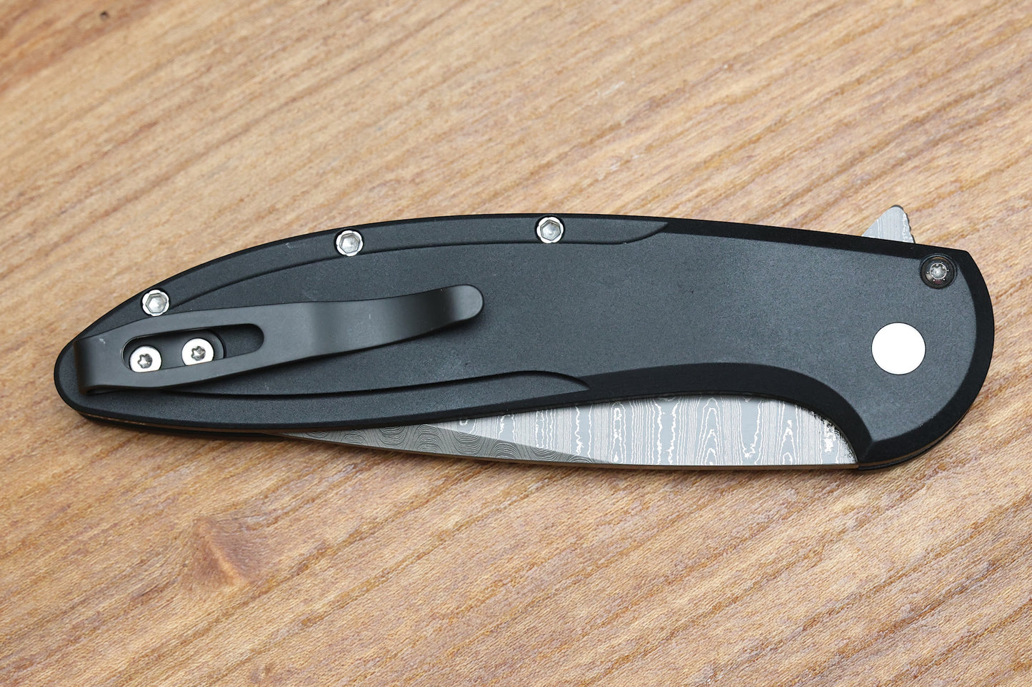 PRO-TECH CAMBRIA CUSTOM MANUAL BLACK ALUMINUM HANDLES W/ MAPLE BURL INLAY & CHAD NICHOLS DAMASCUS CUSTOM 005