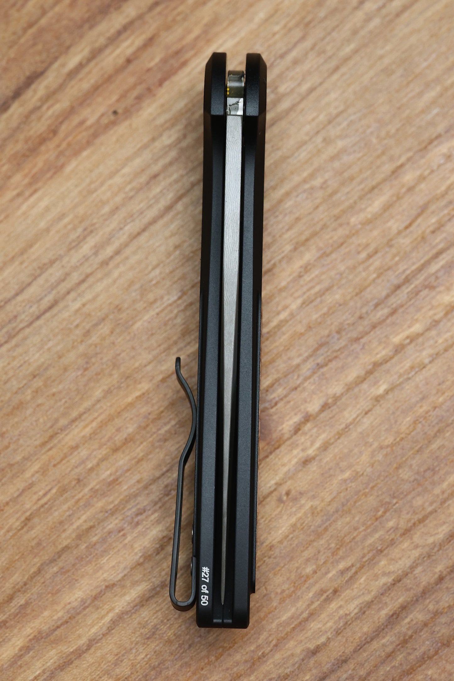 PRO-TECH CAMBRIA CUSTOM MANUAL BLACK ALUMINUM HANDLES W/ MAPLE BURL INLAY & CHAD NICHOLS DAMASCUS CUSTOM 005