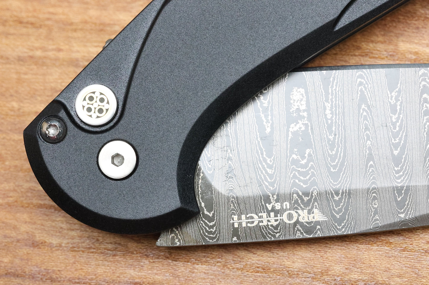 PRO-TECH CAMBRIA CUSTOM MANUAL BLACK ALUMINUM HANDLES W/ MAPLE BURL INLAY & CHAD NICHOLS DAMASCUS CUSTOM 005