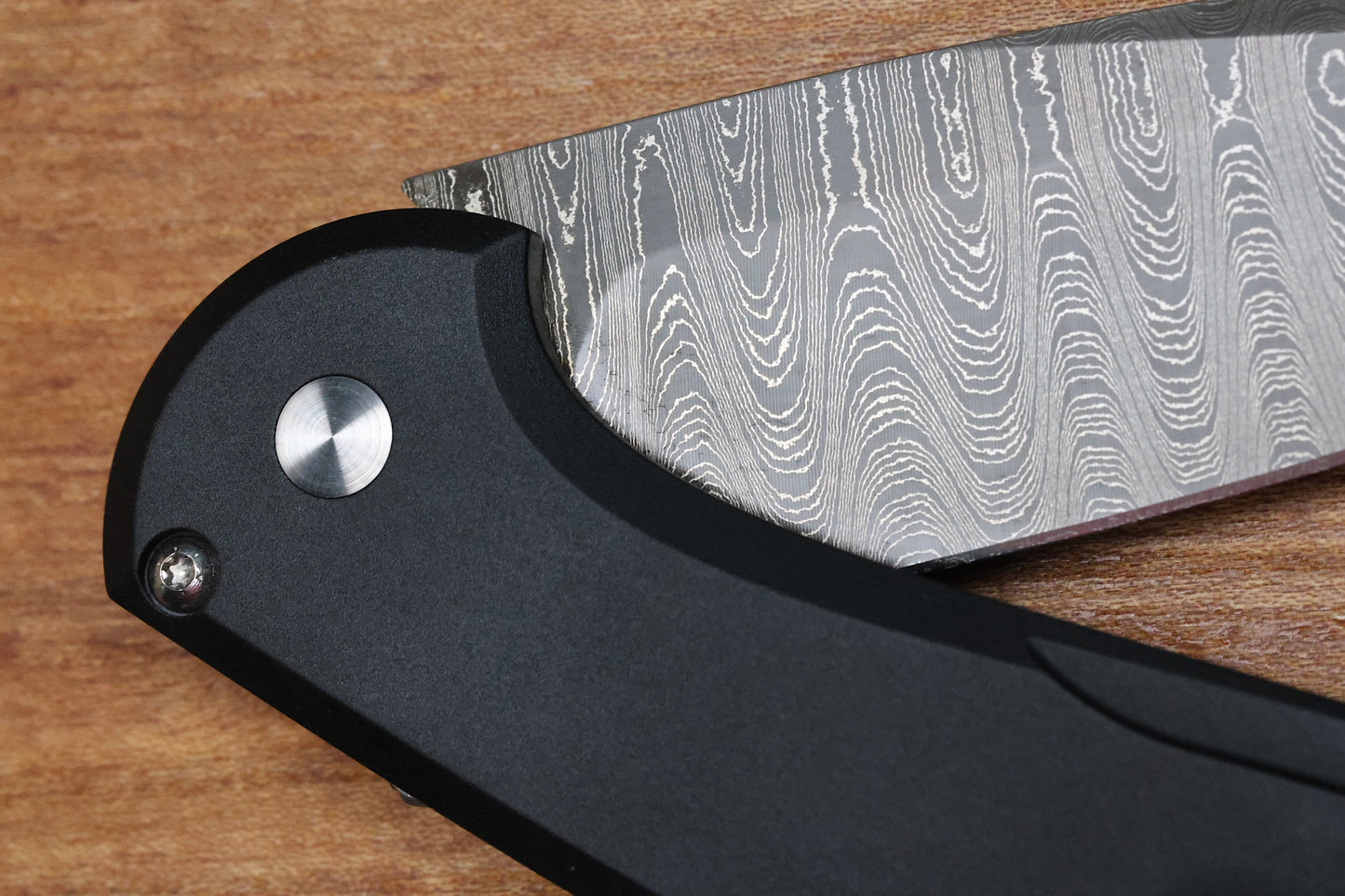 PRO-TECH CAMBRIA CUSTOM MANUAL BLACK ALUMINUM HANDLES W/ MAPLE BURL INLAY & CHAD NICHOLS DAMASCUS CUSTOM 005