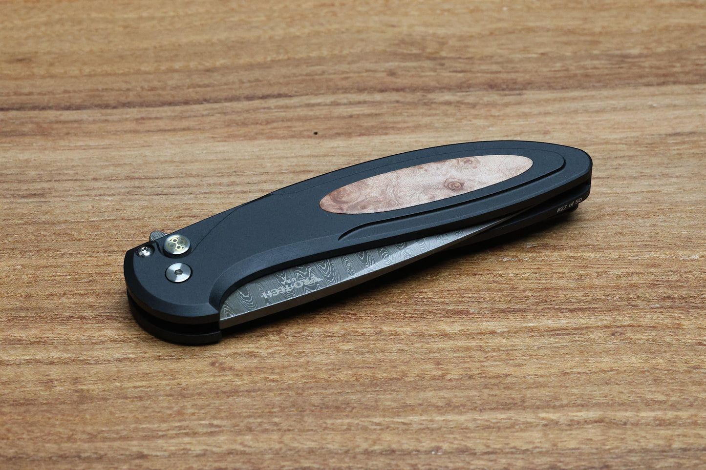 PRO-TECH CAMBRIA CUSTOM MANUAL BLACK ALUMINUM HANDLES W/ MAPLE BURL INLAY & CHAD NICHOLS DAMASCUS CUSTOM 005