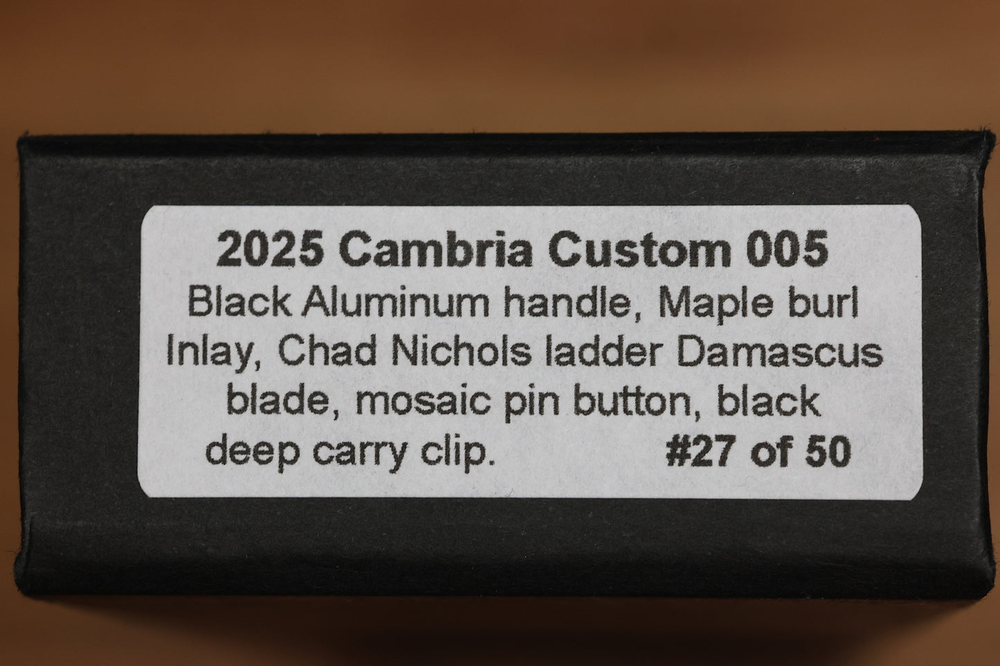 PRO-TECH CAMBRIA CUSTOM MANUAL BLACK ALUMINUM HANDLES W/ MAPLE BURL INLAY & CHAD NICHOLS DAMASCUS CUSTOM 005