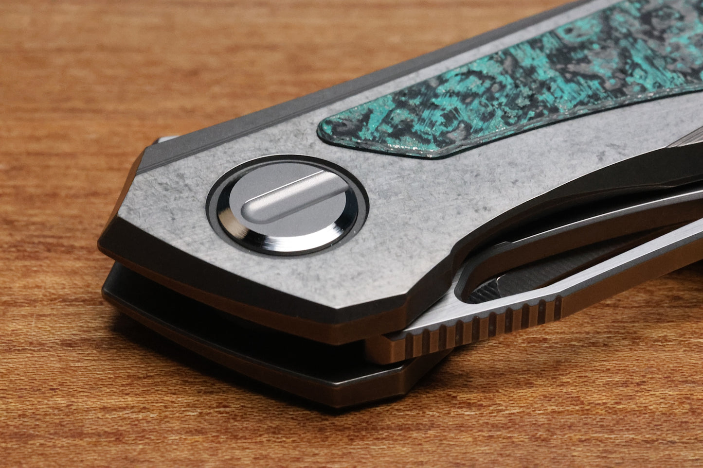 SHIROGOROV KNIVES QUANTUM TKM -TITANIUM W/TEAL MAGNETIC CARBOTI INLAY - S90V BLADE - SRRBS