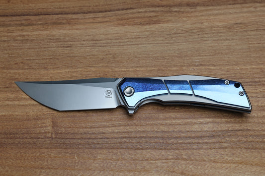 POIKILO BLADE ANOLIS S1 W/ BLUE CRYSTAL TI HANDLES & PEARLESCENT STONEWASH M398
