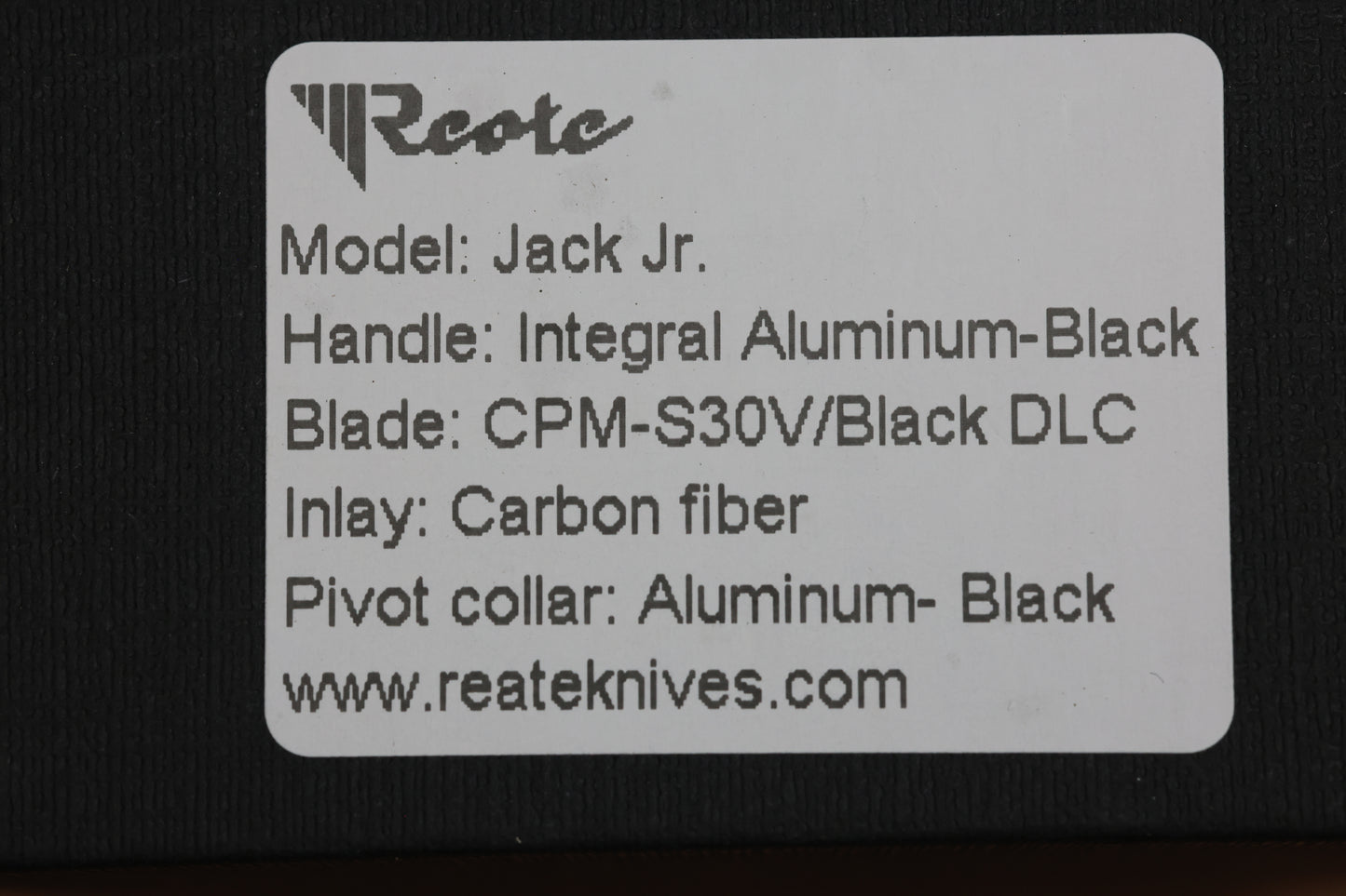 REATE KNIVES JACK JR. BLACK ALUMINUM INTEGRAL HANDLE W/ CARBON FIBER INLAY & DLC S30V