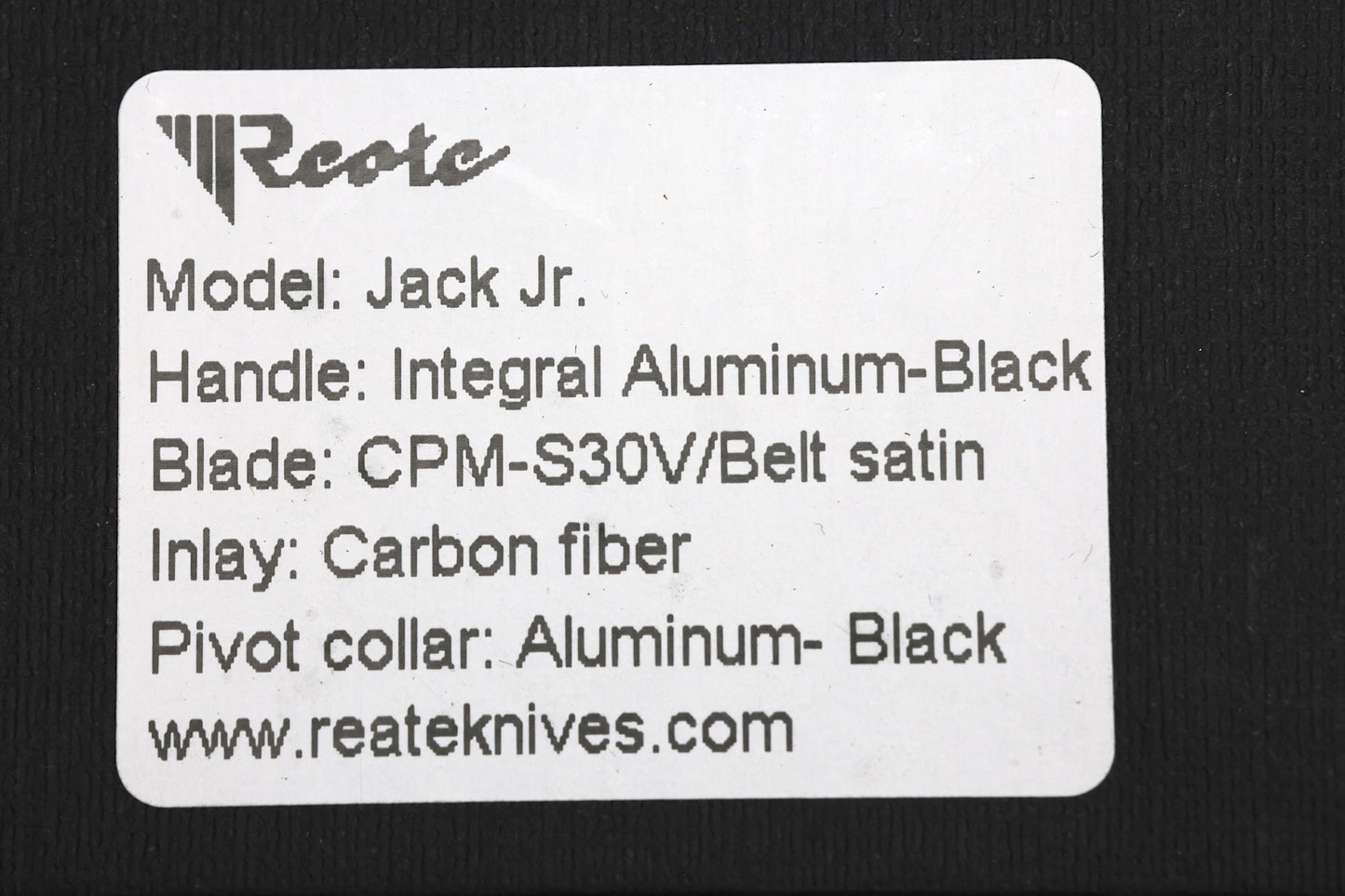 REATE KNIVES JACK JR. BLACK ALUMINUM INTEGRAL HANDLE W/ CARBON FIBER INLAY & SATIN S30V