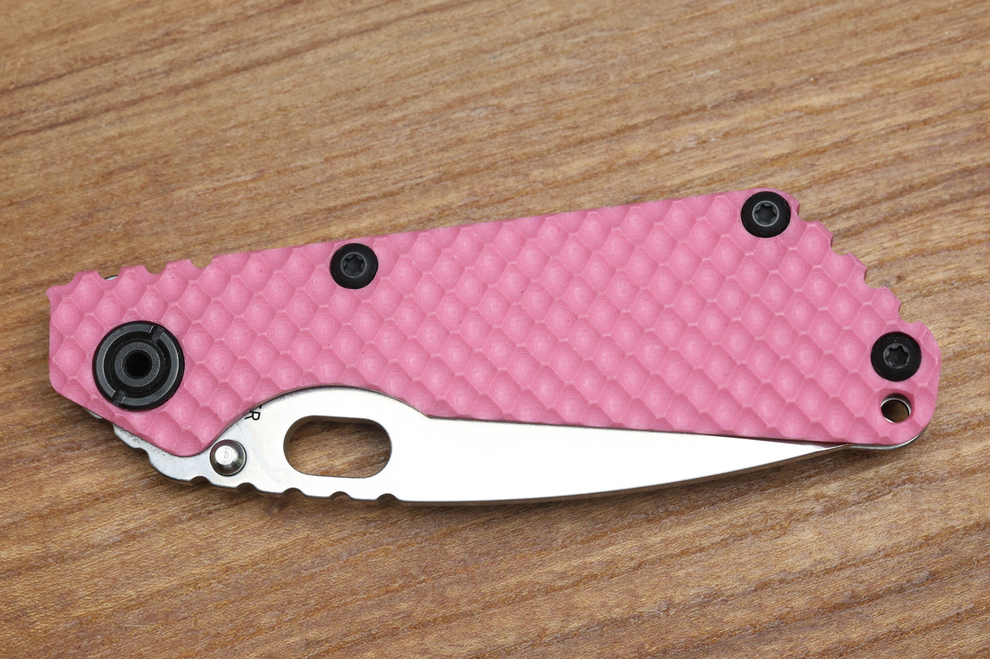 STRIDER KNIVES SNG TWO-TONE SATIN/ STONEWASHED MAGNACUT TANTO BLADE, PINK G10 GUNNER GRIP TOP, STONEWASHED GUNNER GRIP TITANIUM FRAME
