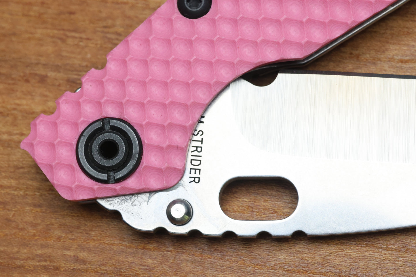 STRIDER KNIVES SNG TWO-TONE SATIN/ STONEWASHED MAGNACUT TANTO BLADE, PINK G10 GUNNER GRIP TOP, STONEWASHED GUNNER GRIP TITANIUM FRAME