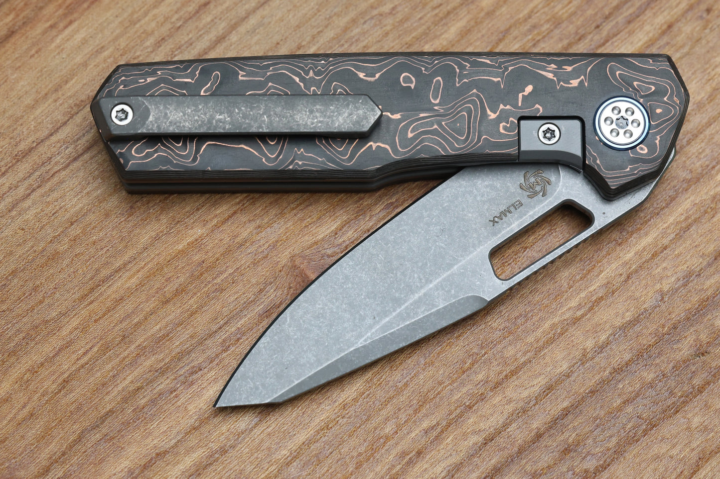 MECHFORCE KNIVES OESER NEBO V2 COPPER FLOW CARBON FIBER HANDLES & ELMAX