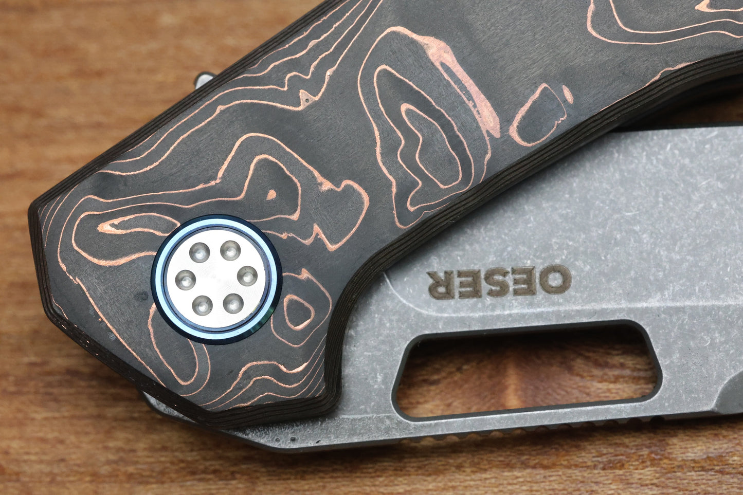 MECHFORCE KNIVES OESER NEBO V2 COPPER FLOW CARBON FIBER HANDLES & ELMAX