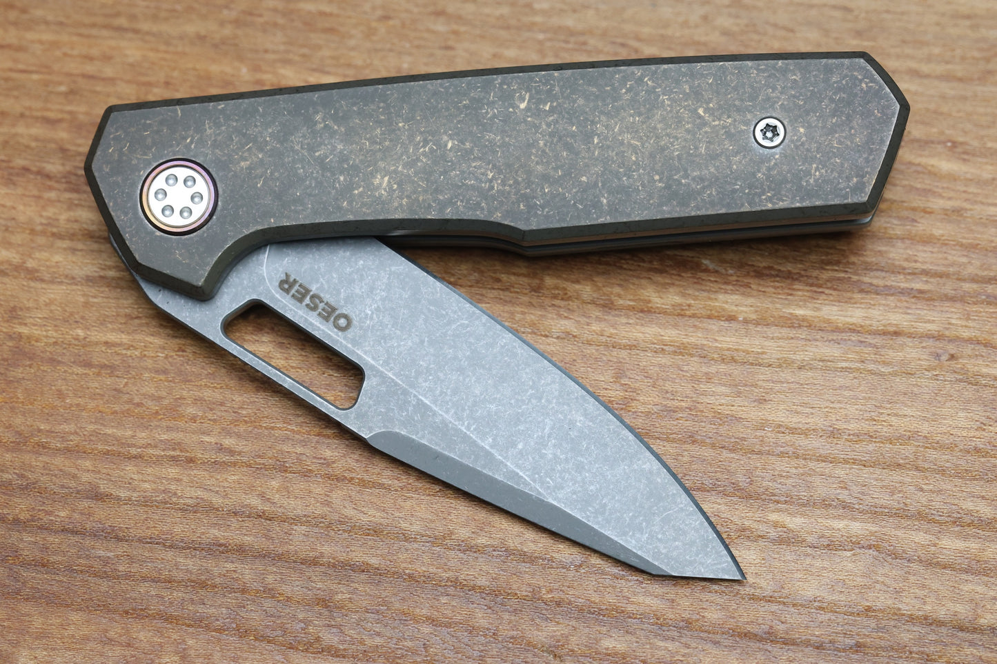 MECHFORCE KNIVES OESER NEBO V2 TUMBLED BRONZE TITANIUM HANDLES & ELMAX