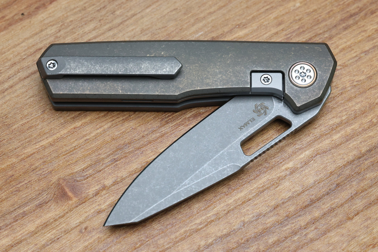 MECHFORCE KNIVES OESER NEBO V2 TUMBLED BRONZE TITANIUM HANDLES & ELMAX