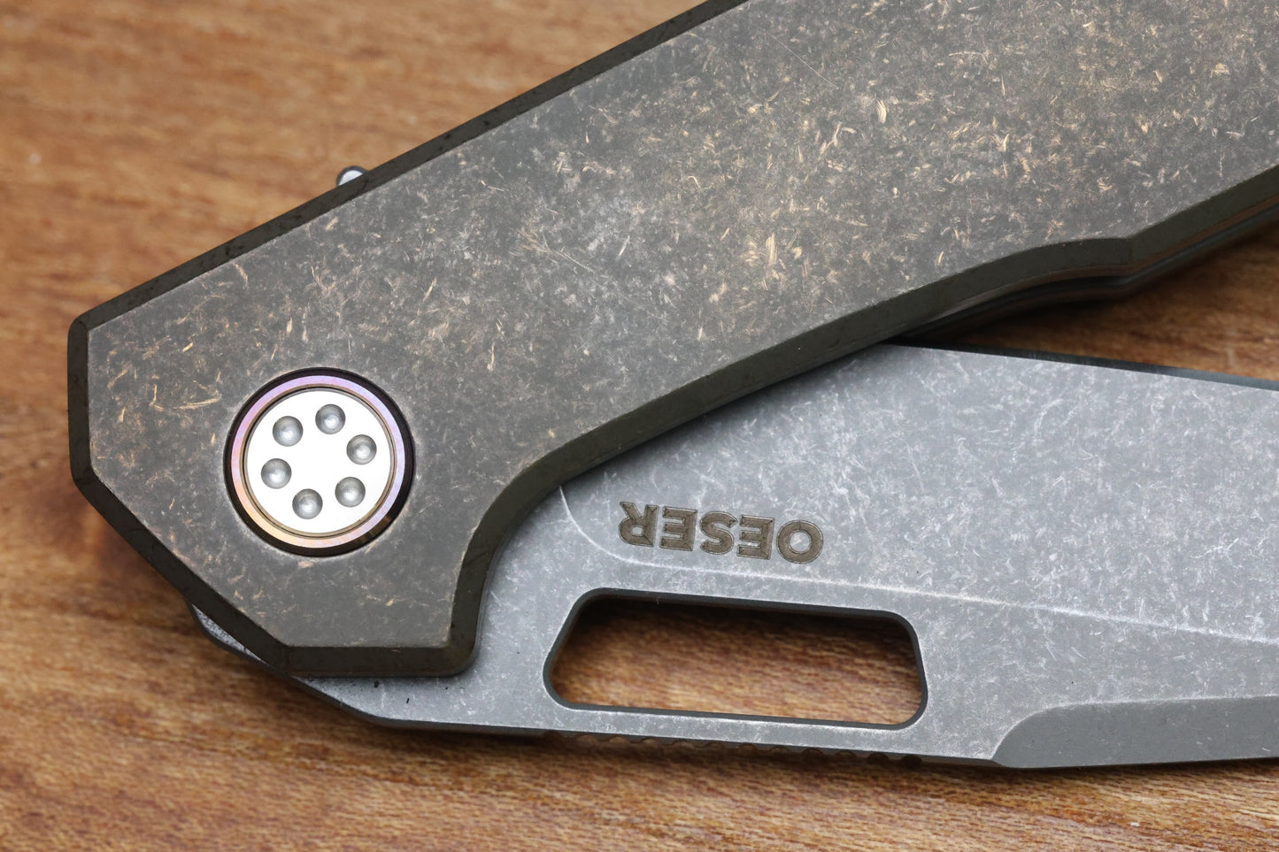MECHFORCE KNIVES OESER NEBO V2 TUMBLED BRONZE TITANIUM HANDLES & ELMAX