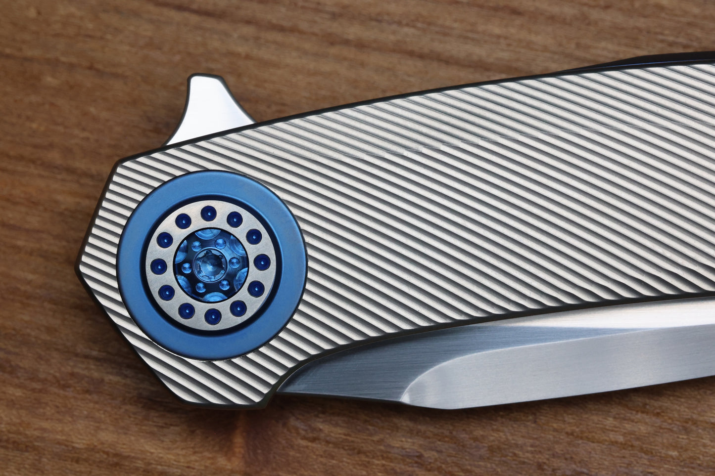 SKIFF MADE BLADES FUGITIVE- CPM154 BLADE, MILLED TITANIUM SCALES, ROYAL BLUE TI BACKSPACER, PIVOT COLLAR AND CLIP, #195