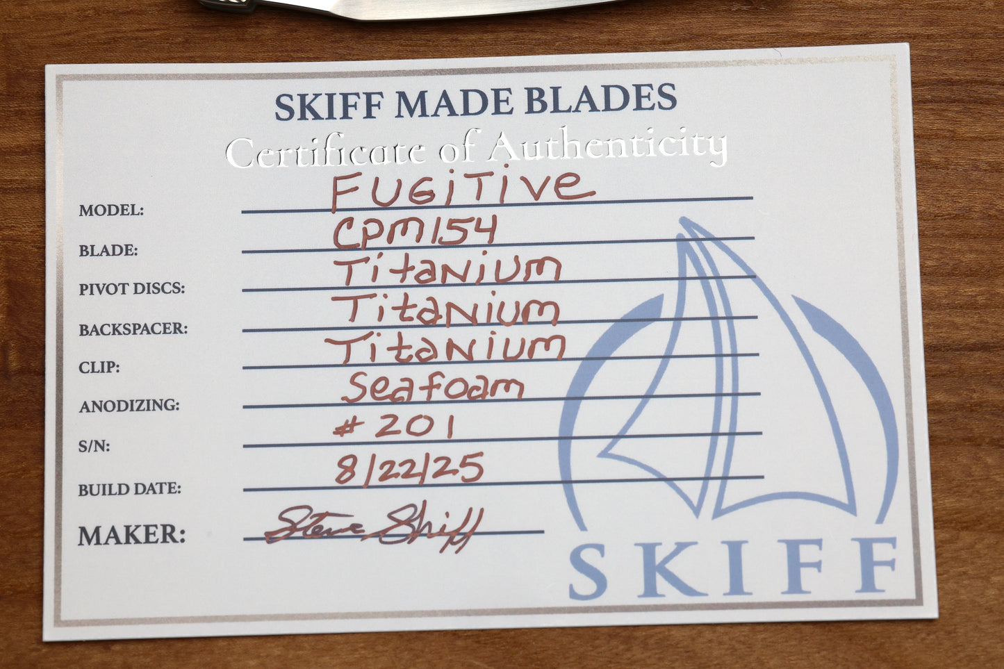SKIFF MADE BLADES FUGITIVE- CPM154 BLADE, MILLED TITANIUM SCALES, SEA FOAM TI BACKSPACER, PIVOT COLLAR AND CLIP, #201