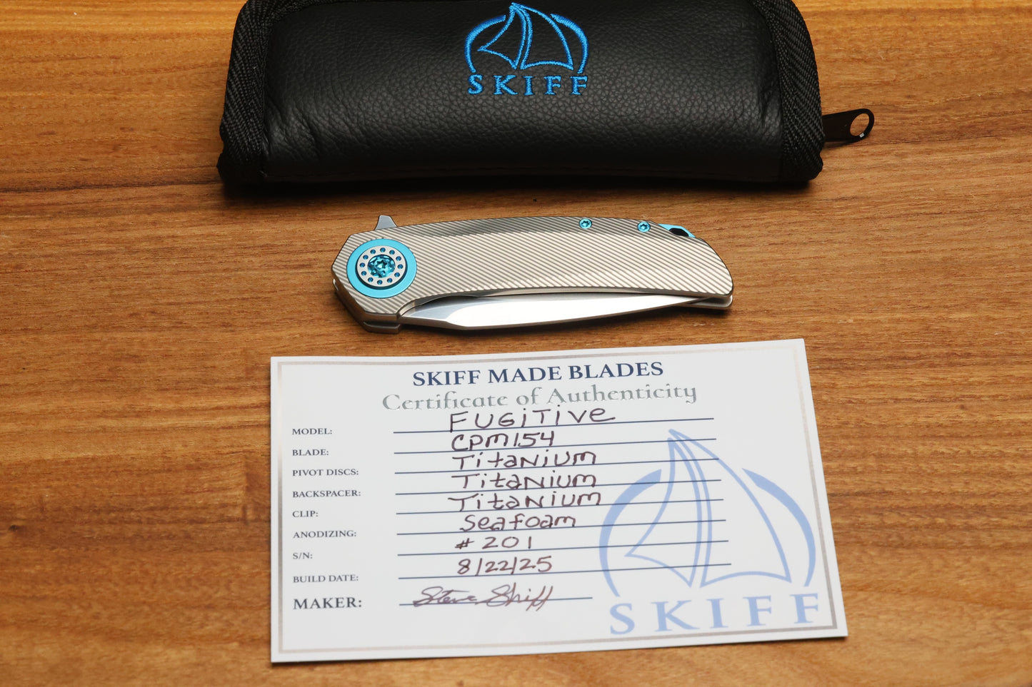 SKIFF MADE BLADES FUGITIVE- CPM154 BLADE, MILLED TITANIUM SCALES, SEA FOAM TI BACKSPACER, PIVOT COLLAR AND CLIP, #201