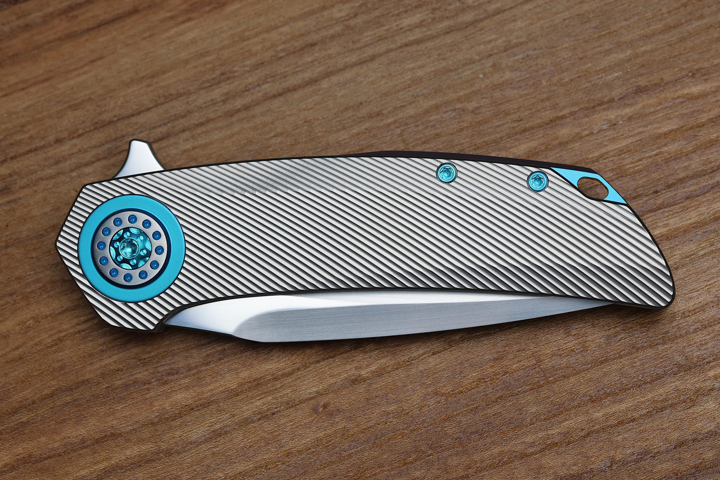 SKIFF MADE BLADES FUGITIVE- CPM154 BLADE, MILLED TITANIUM SCALES, SEA FOAM TI BACKSPACER, PIVOT COLLAR AND CLIP, #201