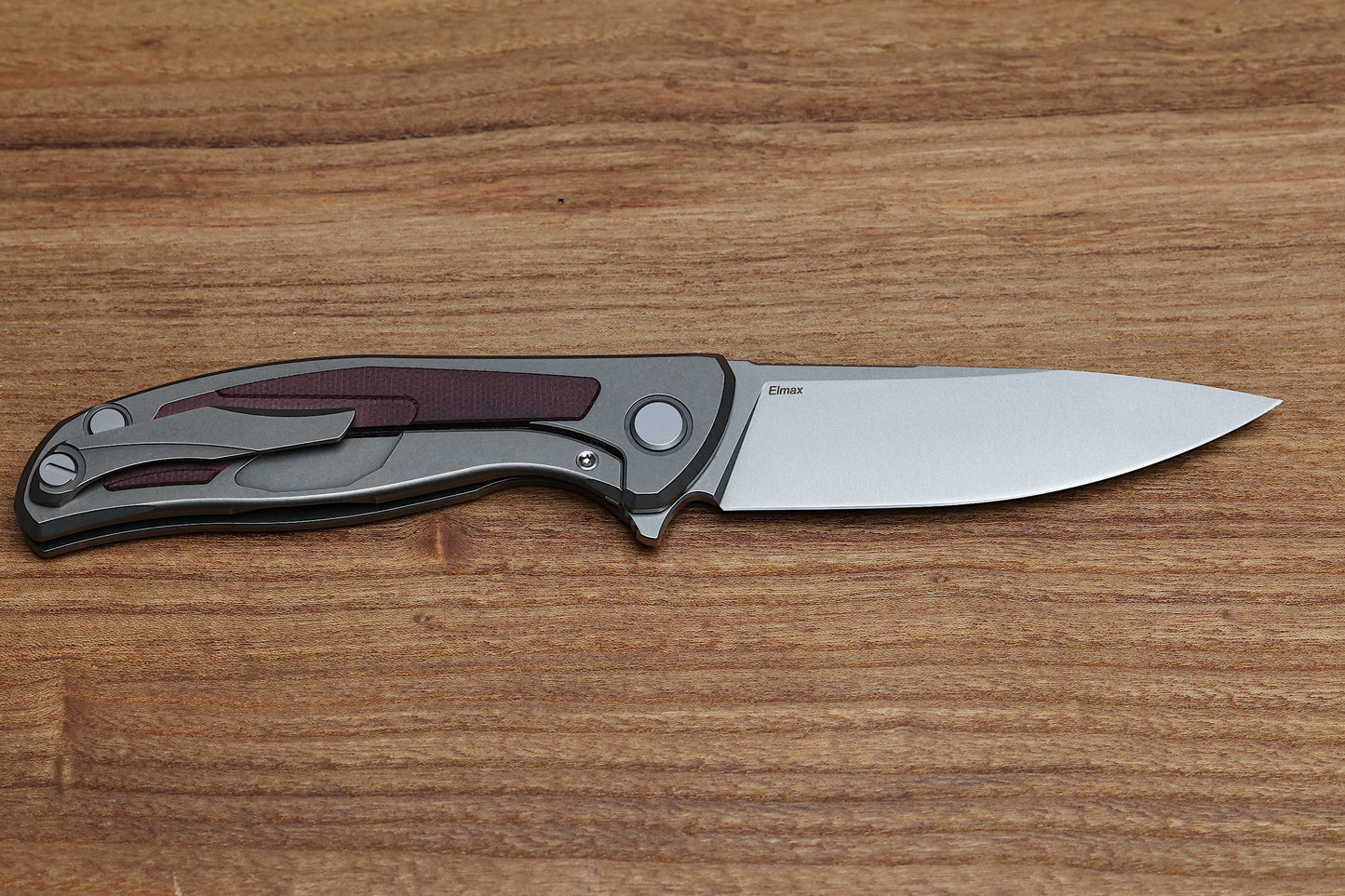 SHIROGOROV F95NL – ELMAX BLADE – STONEWASHED TITANIUM HANDLE W/ MAROON MICARTA INLAY- MRBS