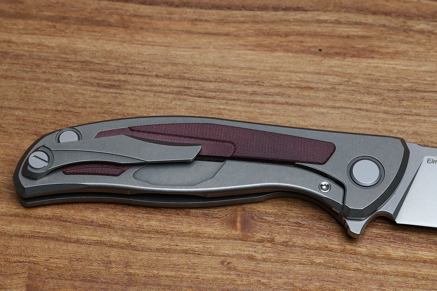 SHIROGOROV F95NL – ELMAX BLADE – STONEWASHED TITANIUM HANDLE W/ MAROON MICARTA INLAY- MRBS