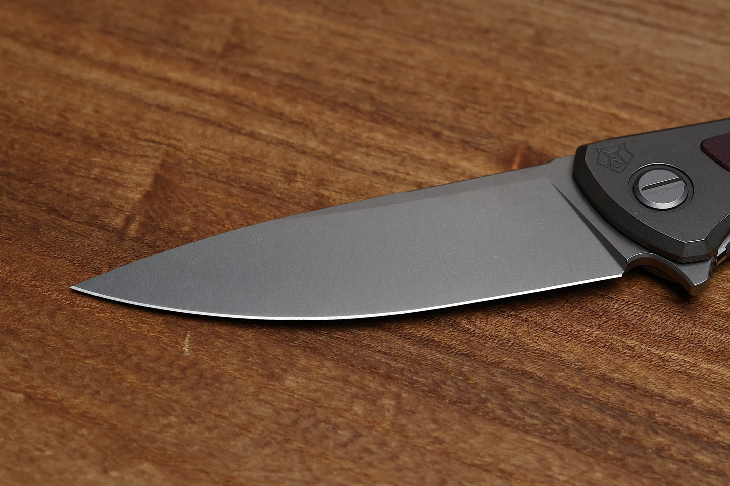 SHIROGOROV F95NL – ELMAX BLADE – STONEWASHED TITANIUM HANDLE W/ MAROON MICARTA INLAY- MRBS