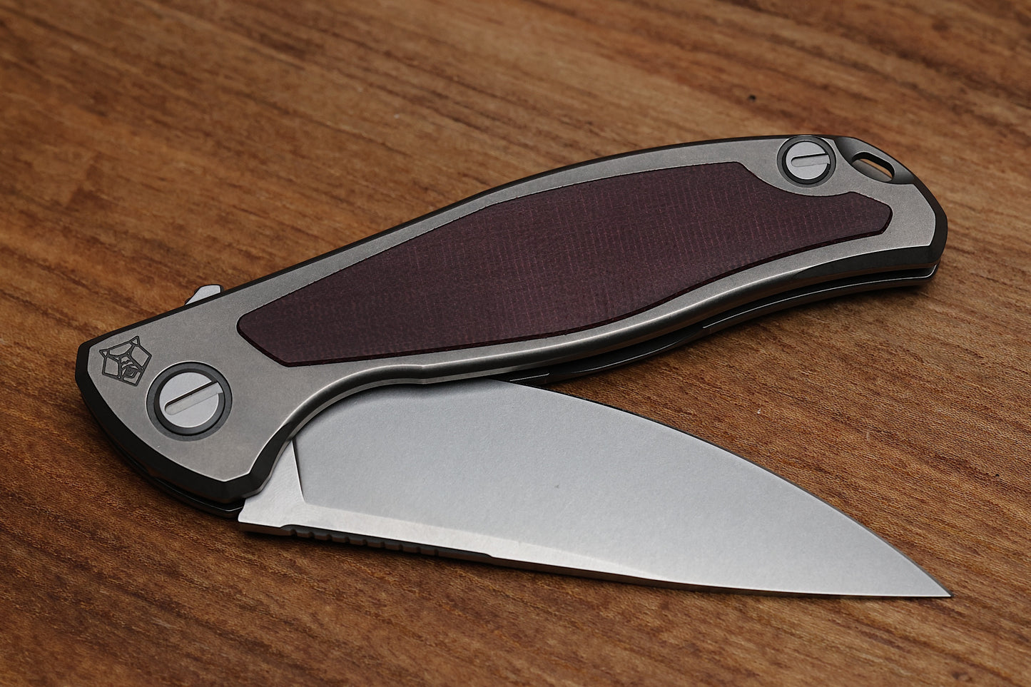 SHIROGOROV F95NL – ELMAX BLADE – STONEWASHED TITANIUM HANDLE W/ MAROON MICARTA INLAY- MRBS