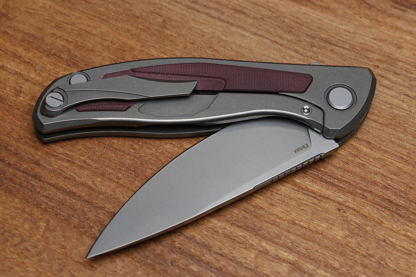SHIROGOROV F95NL – ELMAX BLADE – STONEWASHED TITANIUM HANDLE W/ MAROON MICARTA INLAY- MRBS
