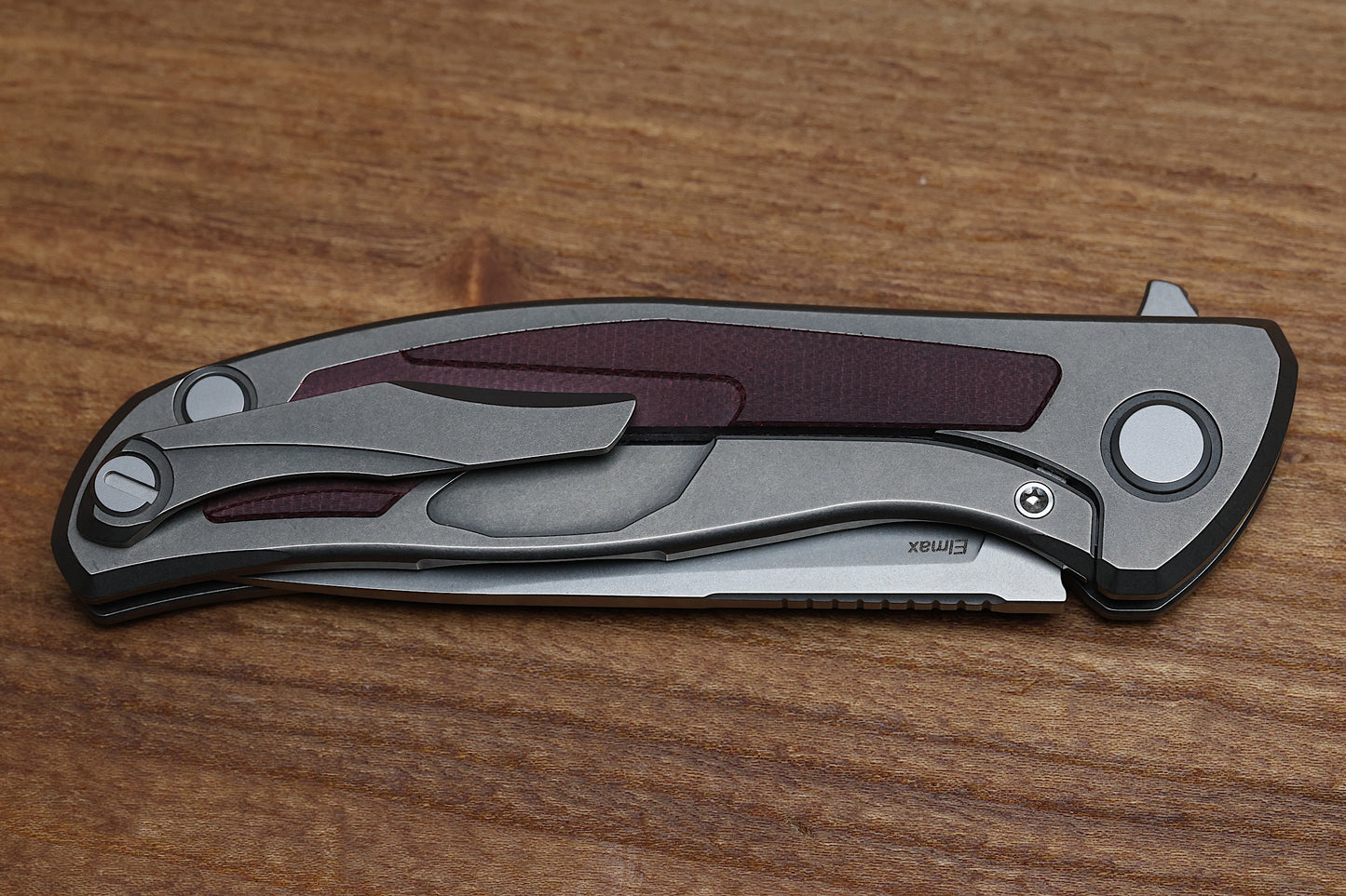 SHIROGOROV F95NL – ELMAX BLADE – STONEWASHED TITANIUM HANDLE W/ MAROON MICARTA INLAY- MRBS