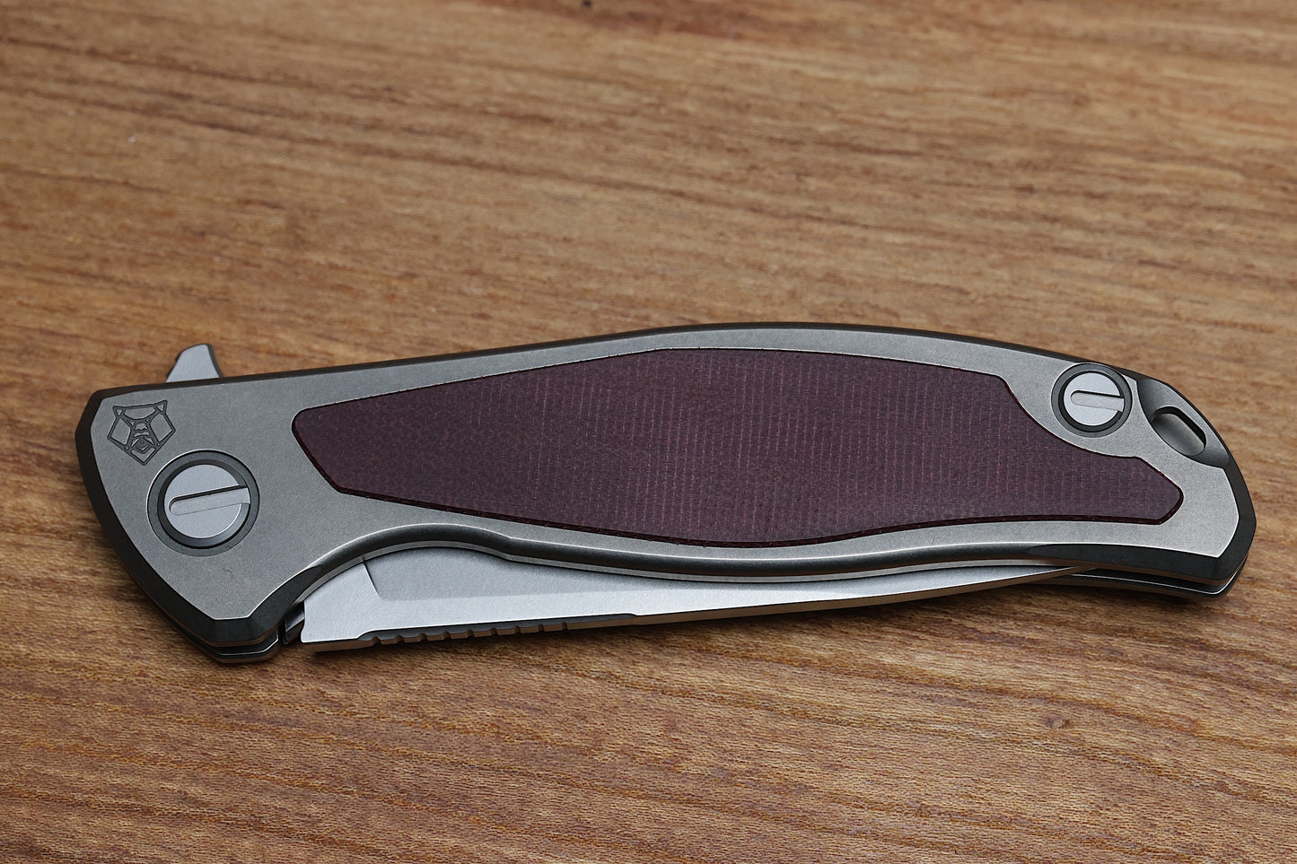 SHIROGOROV F95NL – ELMAX BLADE – STONEWASHED TITANIUM HANDLE W/ MAROON MICARTA INLAY- MRBS