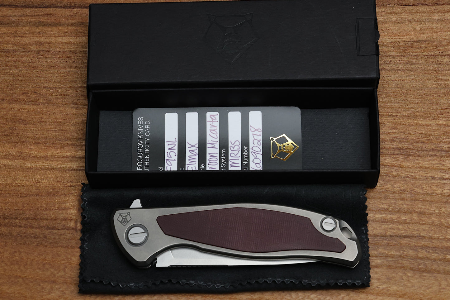 SHIROGOROV F95NL – ELMAX BLADE – STONEWASHED TITANIUM HANDLE W/ MAROON MICARTA INLAY- MRBS