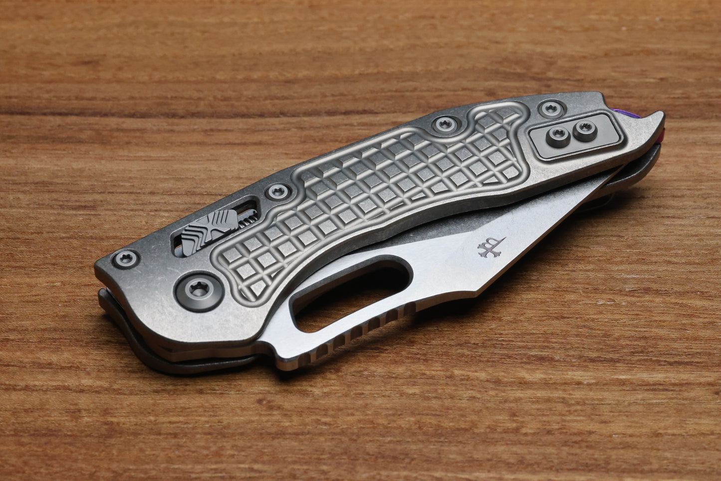 MICROTECH MARFIONE SELECT MANUAL STITCH RAM LOK FRAG TITANIUM HANDLES & STONEWASH M390MK W/ DOUBLE VAPOR BLAST & PURPLE ACCENTS 169RL-10FRMS3