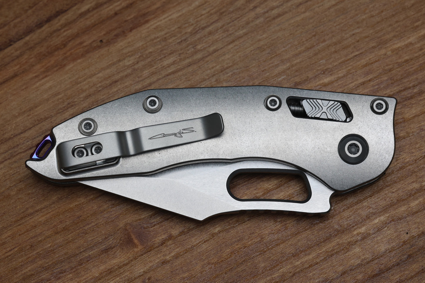 MICROTECH MARFIONE SELECT MANUAL STITCH RAM LOK TITANIUM HANDLES & STONEWASH M390MK W/ DOUBLE VAPOR BLAST & PURPLE ACCENTS 169RL-10MS3