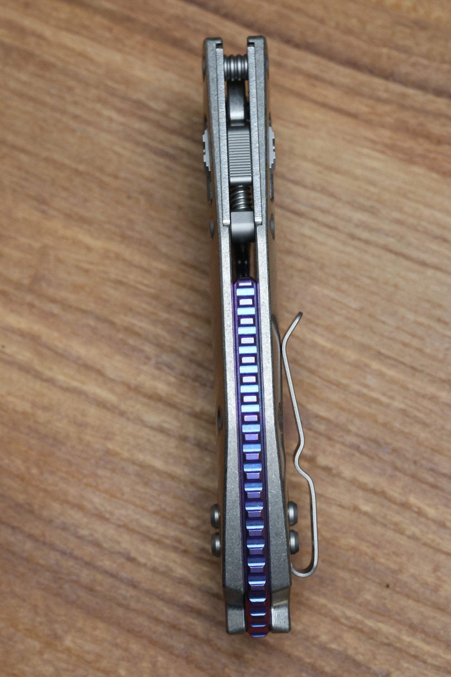 MICROTECH MARFIONE SELECT MANUAL STITCH RAM LOK TITANIUM HANDLES & STONEWASH M390MK W/ DOUBLE VAPOR BLAST & PURPLE ACCENTS 169RL-10MS3