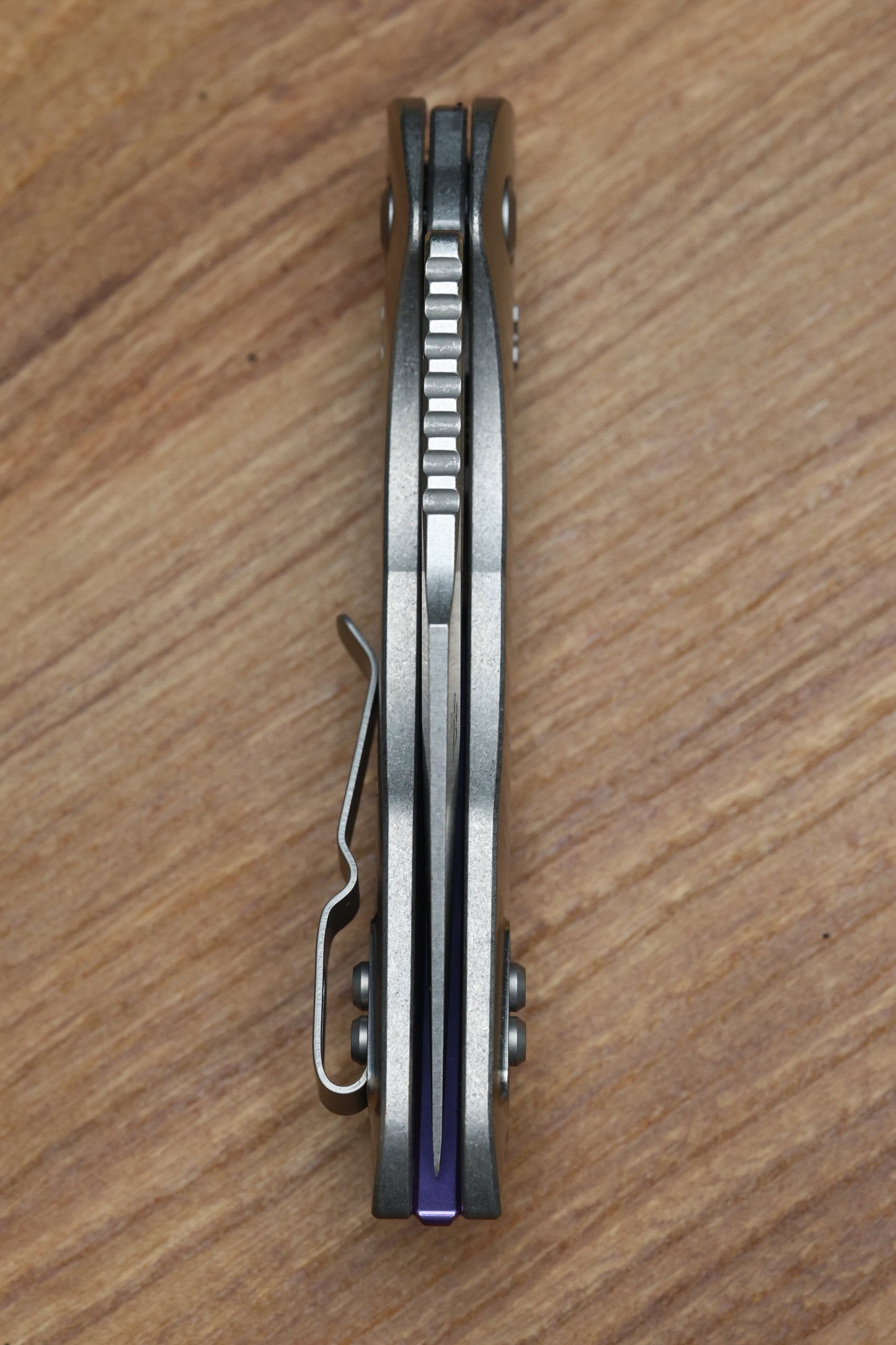 MICROTECH MARFIONE SELECT MANUAL STITCH RAM LOK TITANIUM HANDLES & STONEWASH M390MK W/ DOUBLE VAPOR BLAST & PURPLE ACCENTS 169RL-10MS3