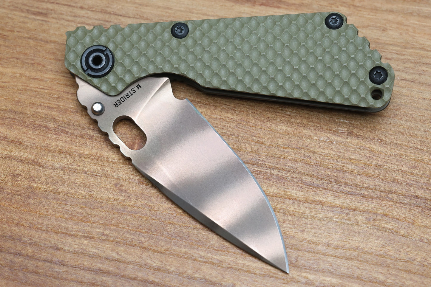 MICK STRIDER SNG OD GREEN DGG DOUBLE GUNNER GRIP & ANTIQUE BRONZE W/ GHOSTSTRIPE S30V