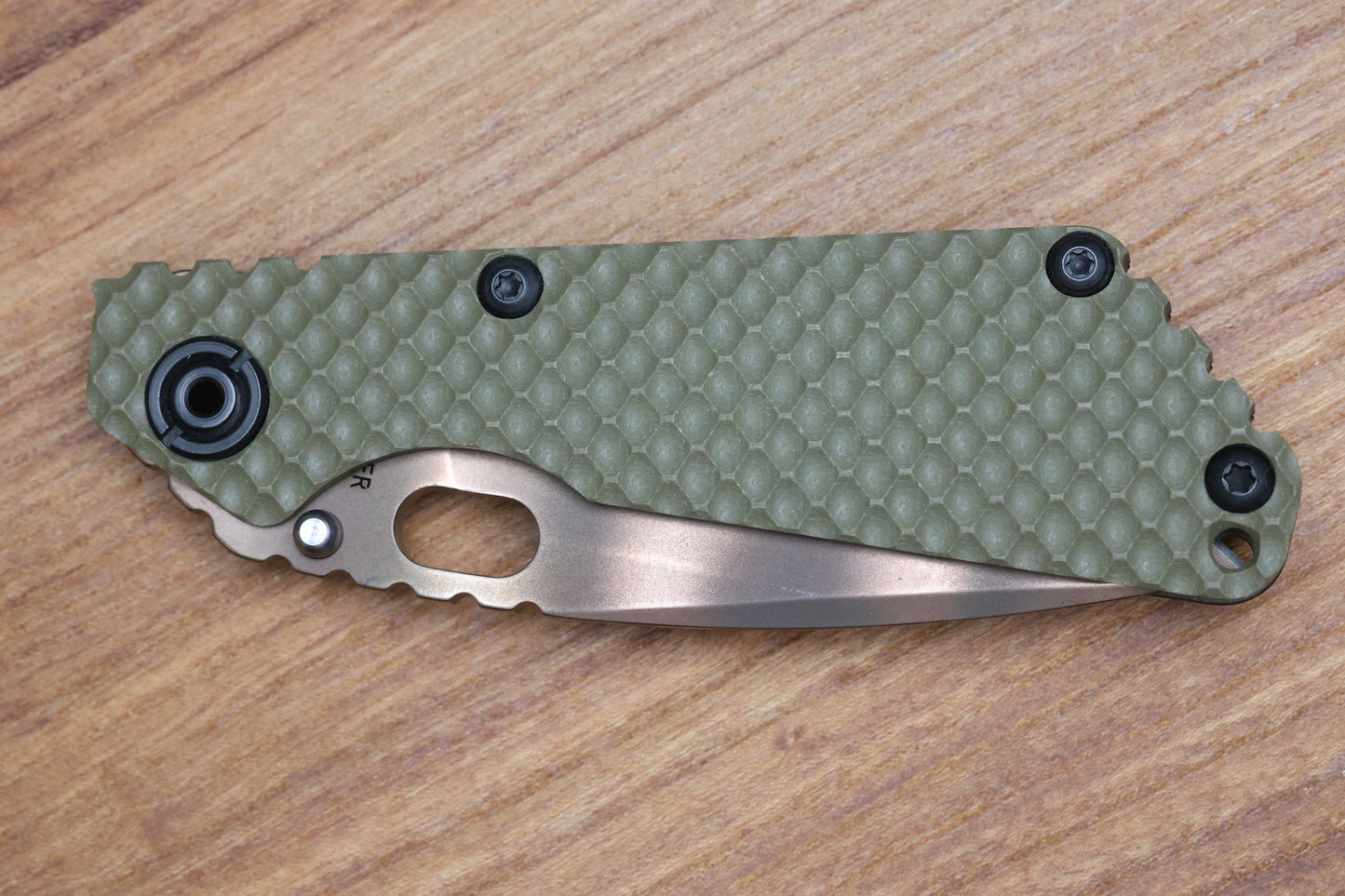MICK STRIDER SNG OD GREEN DGG DOUBLE GUNNER GRIP & ANTIQUE BRONZE W/ GHOSTSTRIPE S30V