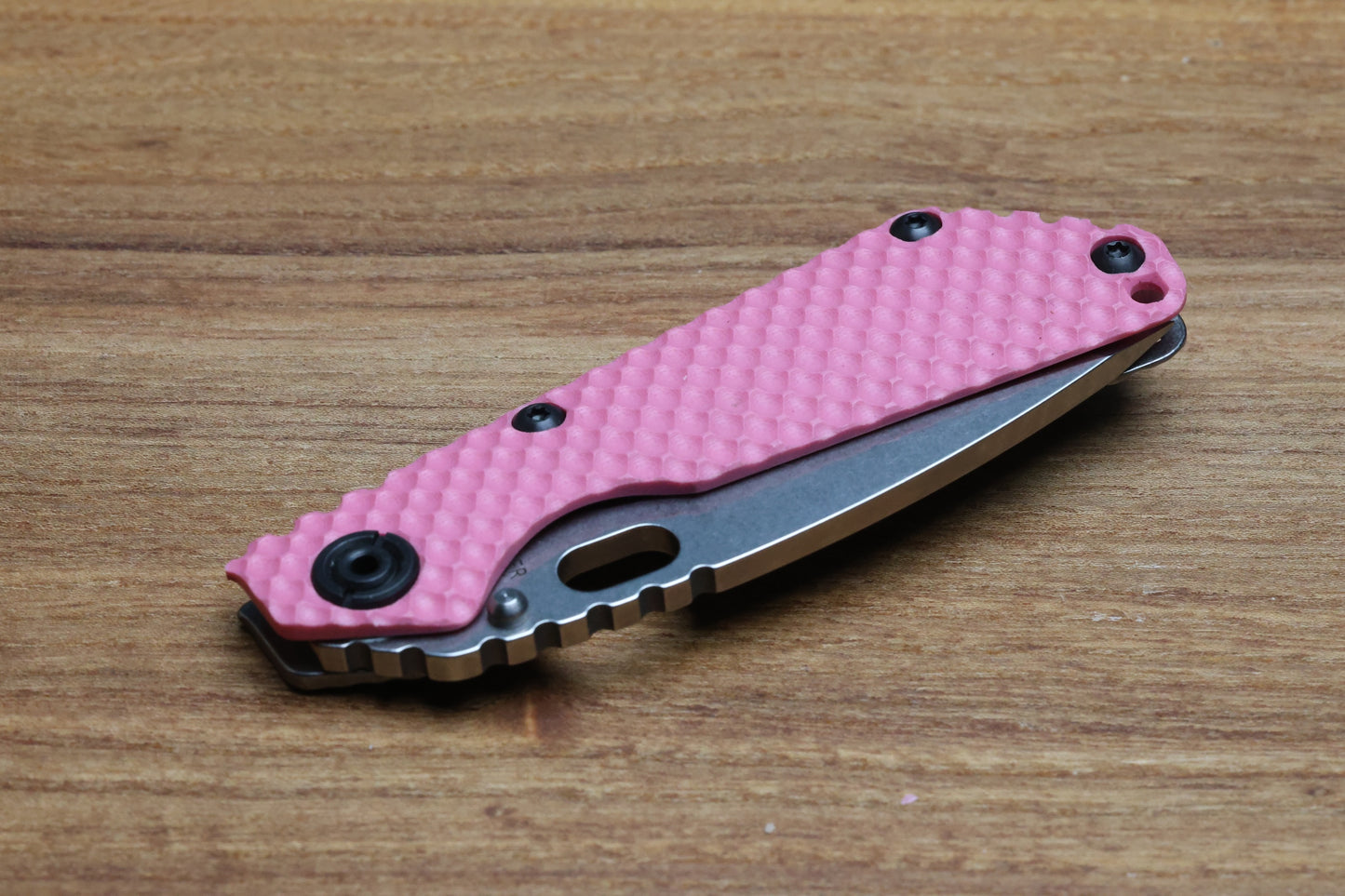 STRIDER KNIVES SNG TWO-TONE SATIN/ STONEWASHED S30V TANTO BLADE, PINK G10 GUNNER GRIP TOP, STONEWASHED GUNNER GRIP TITANIUM