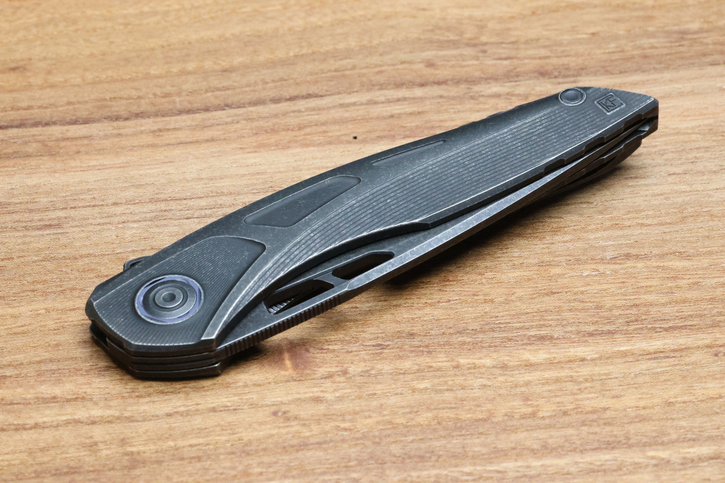 CUSTOM KNIFE FACTORY SUKHOI-5 BLACKWASH TITANIUM HANDLES W/ CRYSTAL TI BACKSPACER & M398