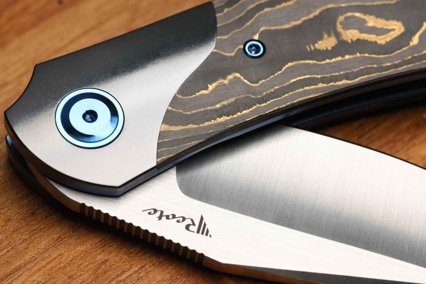 REATE KNIVES FDT TF-4 TITANIUM BLUE HANDLE GOLD CAMO FAT CARBON ZIRCONIUM BOLSTERS M398 BLADE