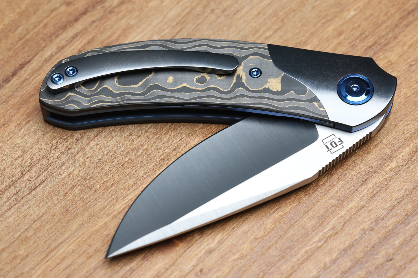 REATE KNIVES FDT TF-4 TITANIUM BLUE HANDLE GOLD CAMO FAT CARBON ZIRCONIUM BOLSTERS M398 BLADE