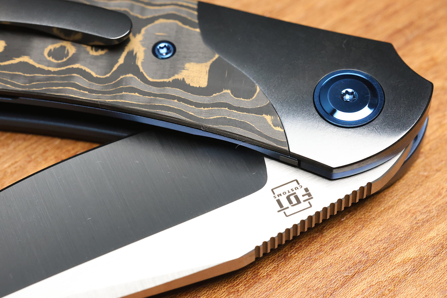 REATE KNIVES FDT TF-4 TITANIUM BLUE HANDLE GOLD CAMO FAT CARBON ZIRCONIUM BOLSTERS M398 BLADE