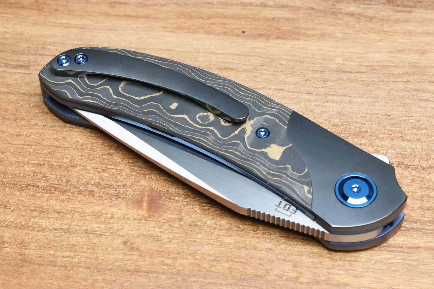 REATE KNIVES FDT TF-4 TITANIUM BLUE HANDLE GOLD CAMO FAT CARBON ZIRCONIUM BOLSTERS M398 BLADE