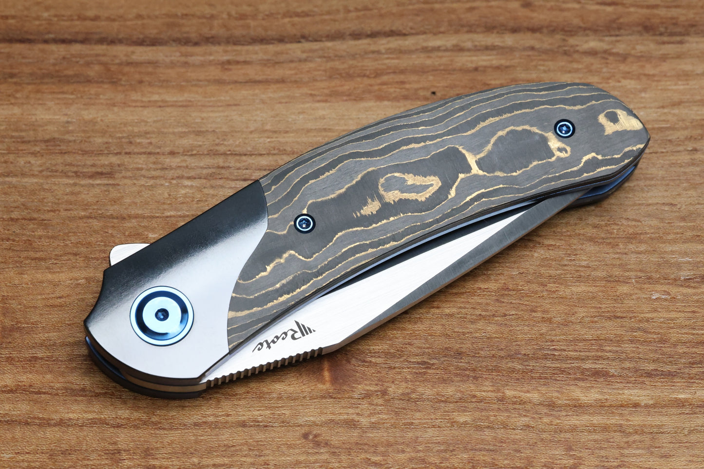 REATE KNIVES FDT TF-4 TITANIUM BLUE HANDLE GOLD CAMO FAT CARBON ZIRCONIUM BOLSTERS M398 BLADE