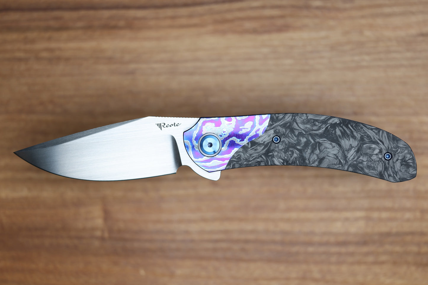REATE KNIVES FDT TF-4 TITANIUM BLUE HANDLE MARBLED FAT CARBON ZIRCUTI BOLSTERS HAND RUBBED M398 BLADE