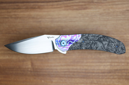 REATE KNIVES FDT TF-4 TITANIUM BLUE HANDLE MARBLED FAT CARBON ZIRCUTI BOLSTERS HAND RUBBED M398 BLADE