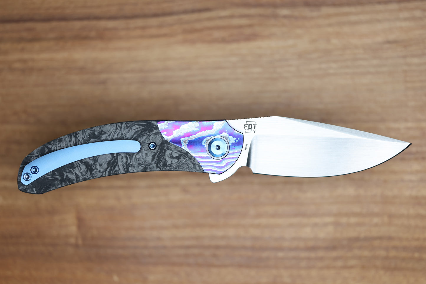 REATE KNIVES FDT TF-4 TITANIUM BLUE HANDLE MARBLED FAT CARBON ZIRCUTI BOLSTERS HAND RUBBED M398 BLADE