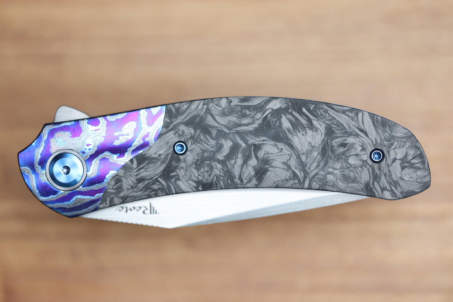 REATE KNIVES FDT TF-4 TITANIUM BLUE HANDLE MARBLED FAT CARBON ZIRCUTI BOLSTERS HAND RUBBED M398 BLADE