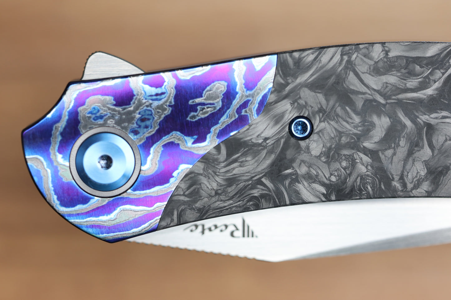 REATE KNIVES FDT TF-4 TITANIUM BLUE HANDLE MARBLED FAT CARBON ZIRCUTI BOLSTERS HAND RUBBED M398 BLADE