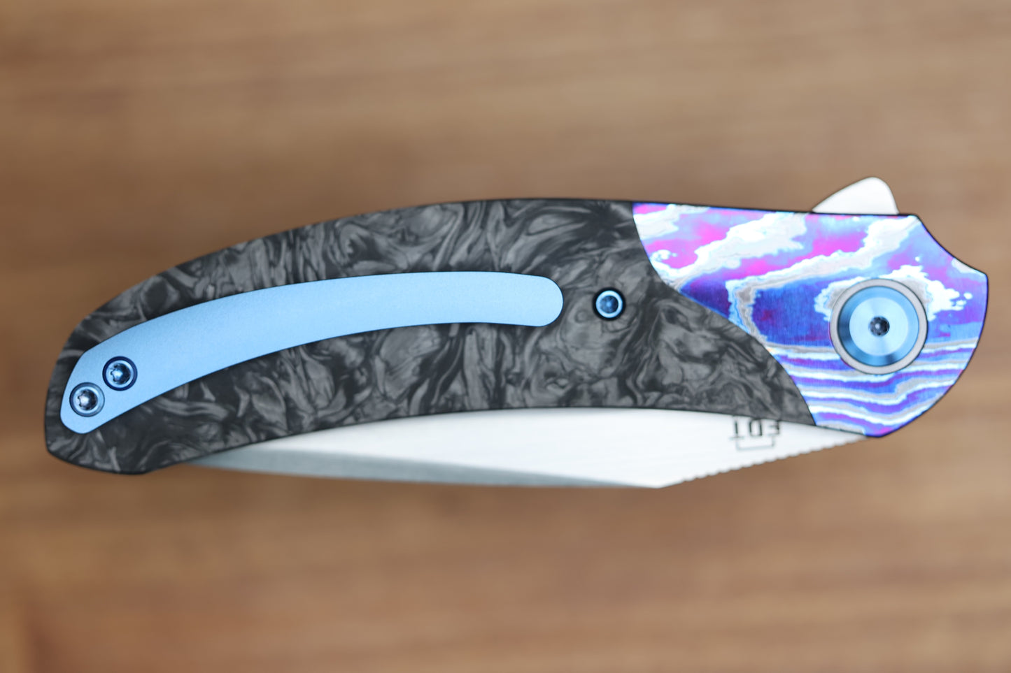 REATE KNIVES FDT TF-4 TITANIUM BLUE HANDLE MARBLED FAT CARBON ZIRCUTI BOLSTERS HAND RUBBED M398 BLADE