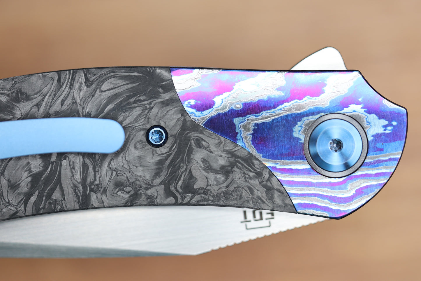 REATE KNIVES FDT TF-4 TITANIUM BLUE HANDLE MARBLED FAT CARBON ZIRCUTI BOLSTERS HAND RUBBED M398 BLADE