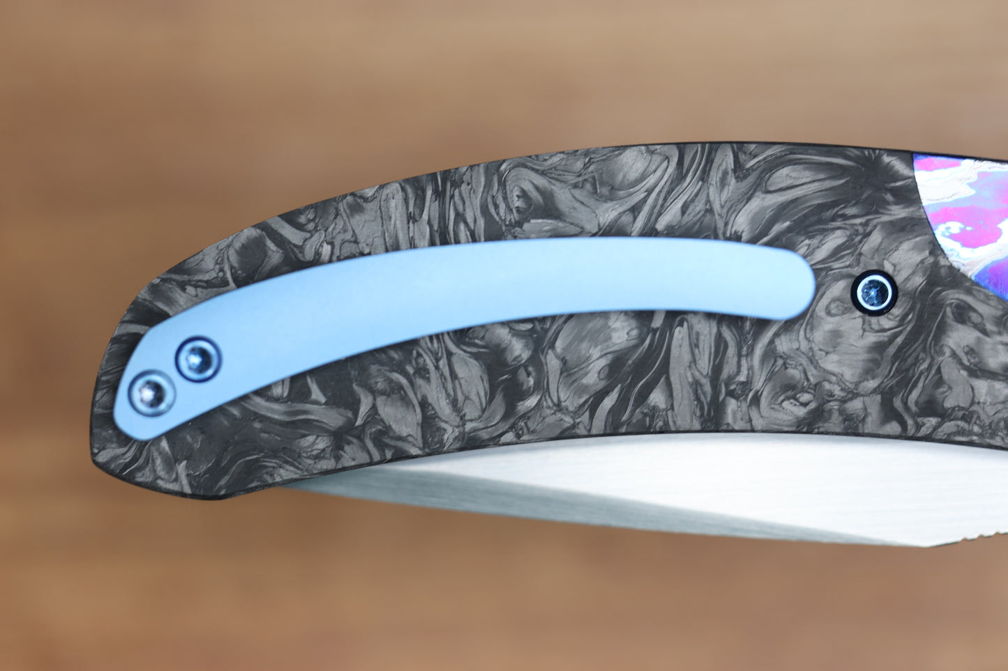 REATE KNIVES FDT TF-4 TITANIUM BLUE HANDLE MARBLED FAT CARBON ZIRCUTI BOLSTERS HAND RUBBED M398 BLADE